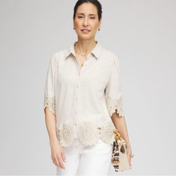 Chico's Tops - CHICO’S NWT 1 Crochet Trim Linen Shirt in River Rock Neutral Cream Blouse Top 8